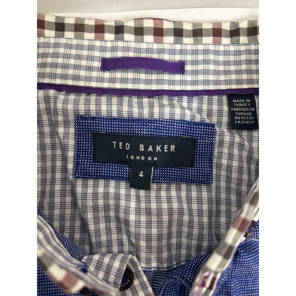 Ted Baker Men's Polo Shirt Midnight Blue Check Collar Pocket 100% Cotton Size 4 - Picture 9 of 10